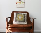 Hand Crocheted Granny Square Cushion Cover. Wool, in Woodland.