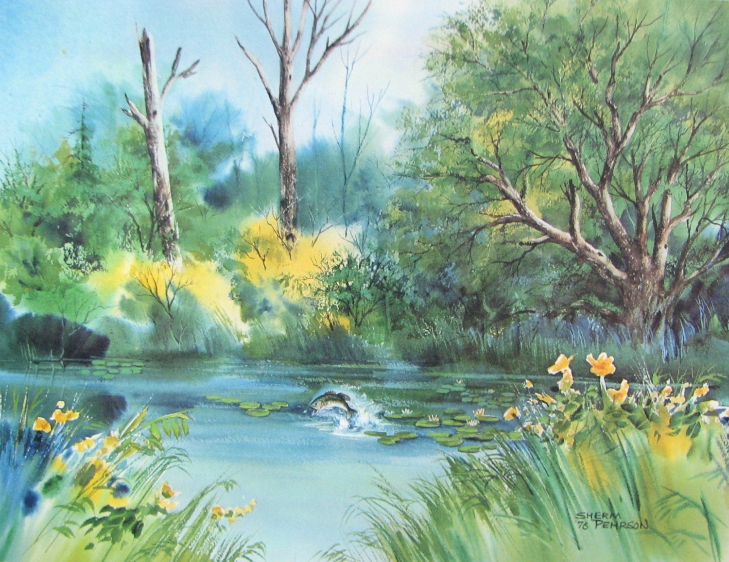 Bass Jumping near Lily Pads Sherm Pehrson by IndigoHeirlooms