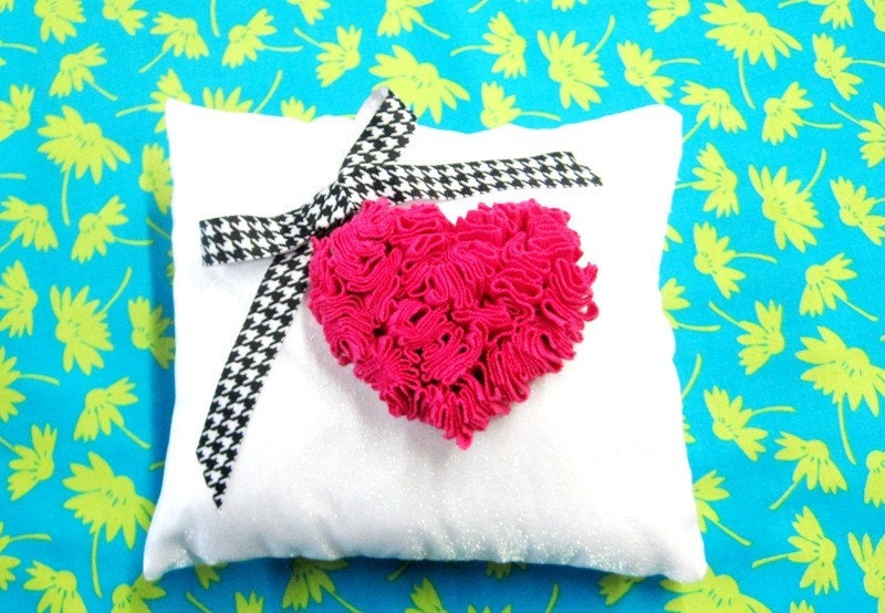 Valentines Day or Wedding Ring Bearer Pillow white organza  hot pink ruffle heart and bow