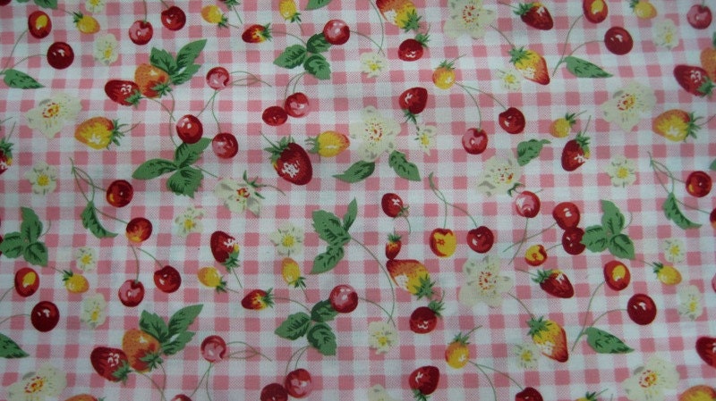 Reserve Listing for Mirandababy 5 YARDS cherries strawberries gingham cotton fabric Extra Wide Print Fabric 58 inches wide