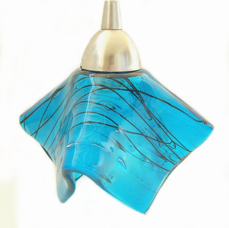 Deep Turquoise Pendant Light in Ocean Blue Art Glass -Kitchen Island Lighting
