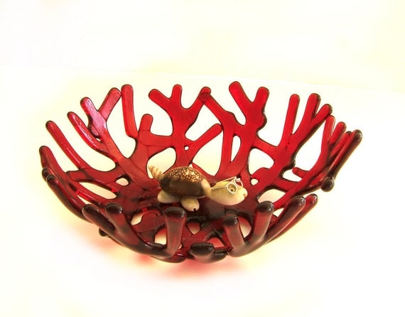 Red Ocean Beach Sea Coral Art Glass Bowl