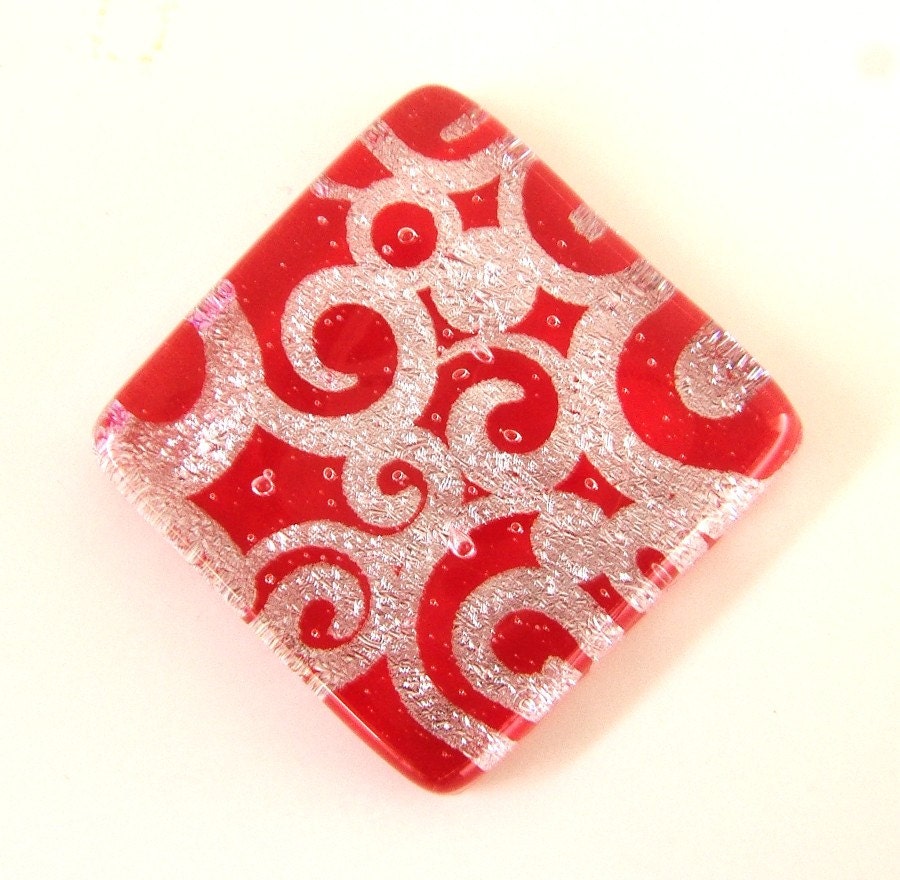 Glass Accent Tile in Etched Silver and Red Art Glass