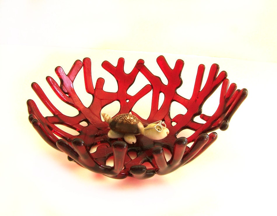 Red Ocean Beach Sea Coral Art Glass Bowl
