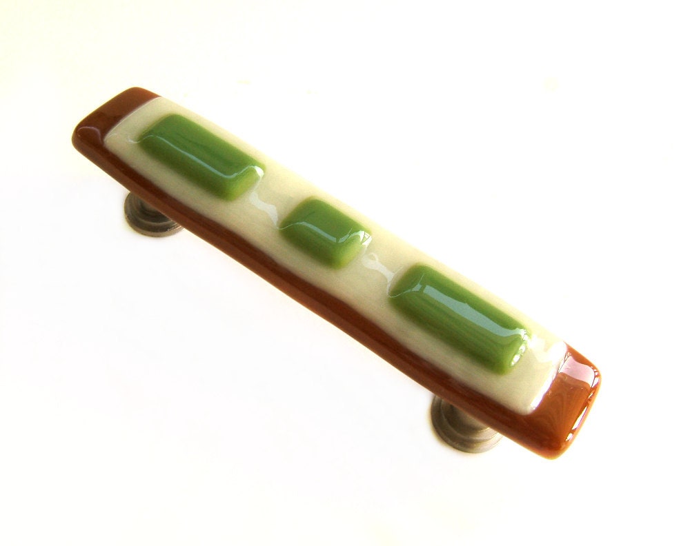 Copper Ivory and Olive Green Glass Drawer Pull Handle - Custom sizes and screw placement