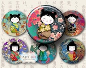 CHIYOGAMI WASHI DOLLS - 2.5 inch Circles Digital Collage Sheet Kokeshi images for Pocket Mirrors magnets scraping journaling