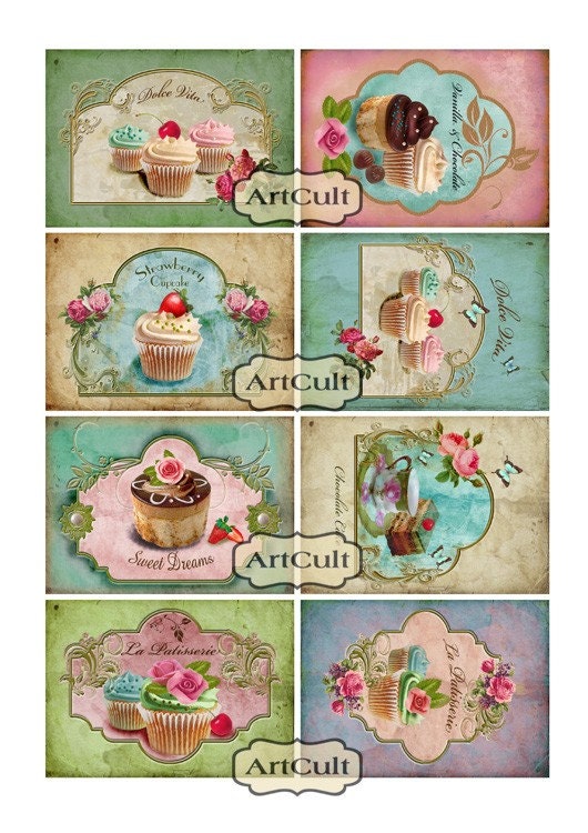 SWEET CUPCAKES - Digital Collage Sheet Gift Tags Printable Download Greeting cards Paper goods