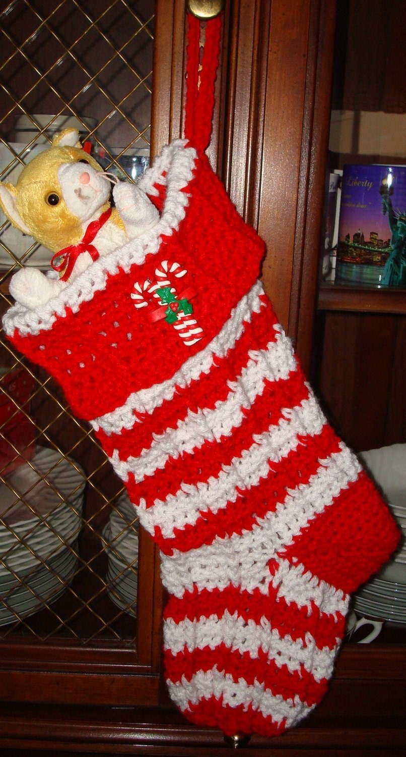 Beautiful Hand Crocheted Ribbed Peppermint Stick Christmas Stocking/Red & White