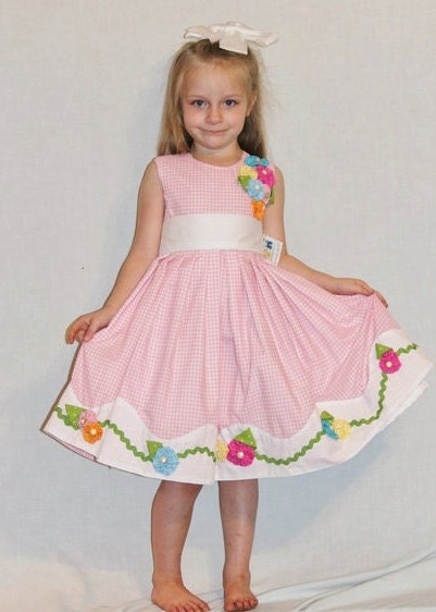 Girls Handmade Easter Dress, Party Dress, Birthday Dress, Flower Girl Dress, Pink Check Dress with Flower Details