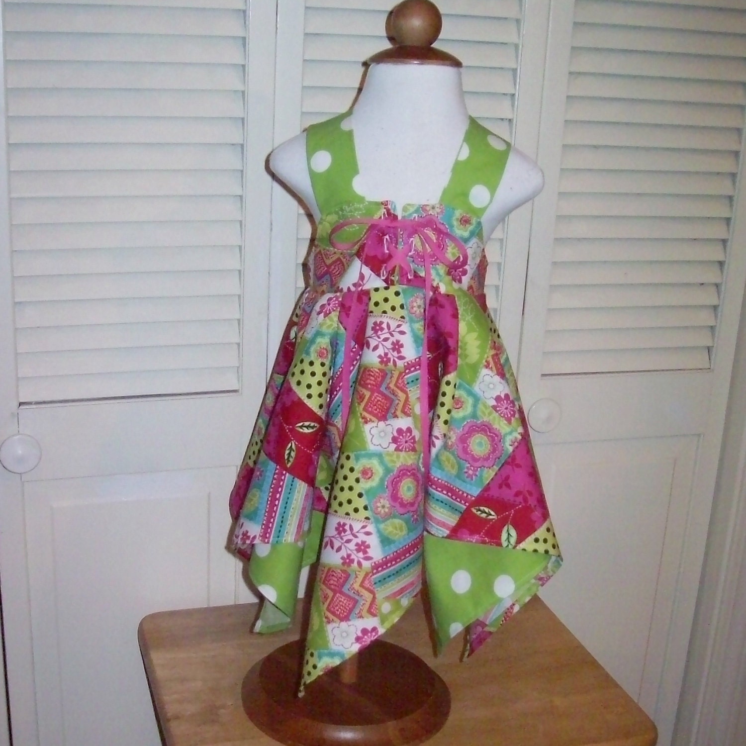 Lace-up Sundress with Handkerchief Hem in Pink and Green