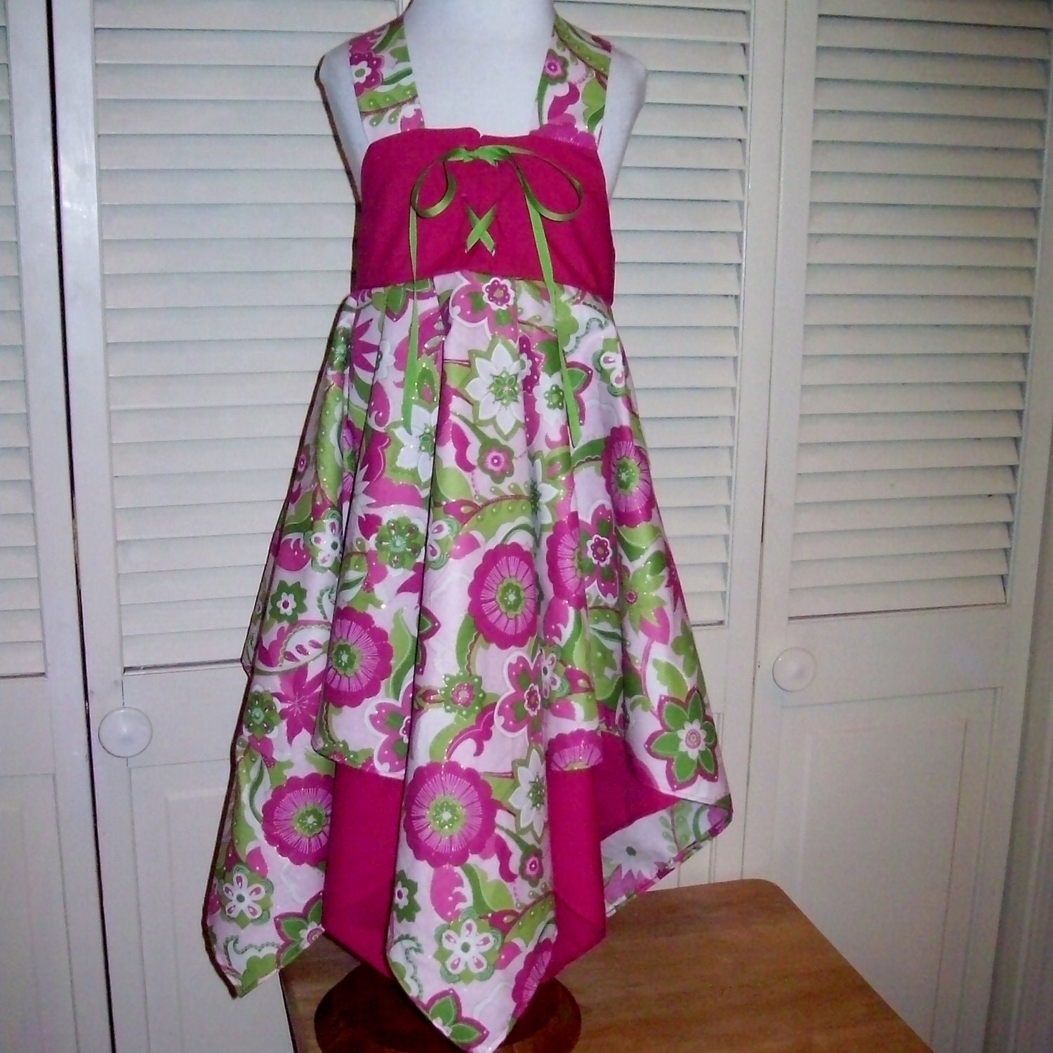 Girl's Lace-up Sundress in Pink and Green Floral with a Layered Handkerchief Hem