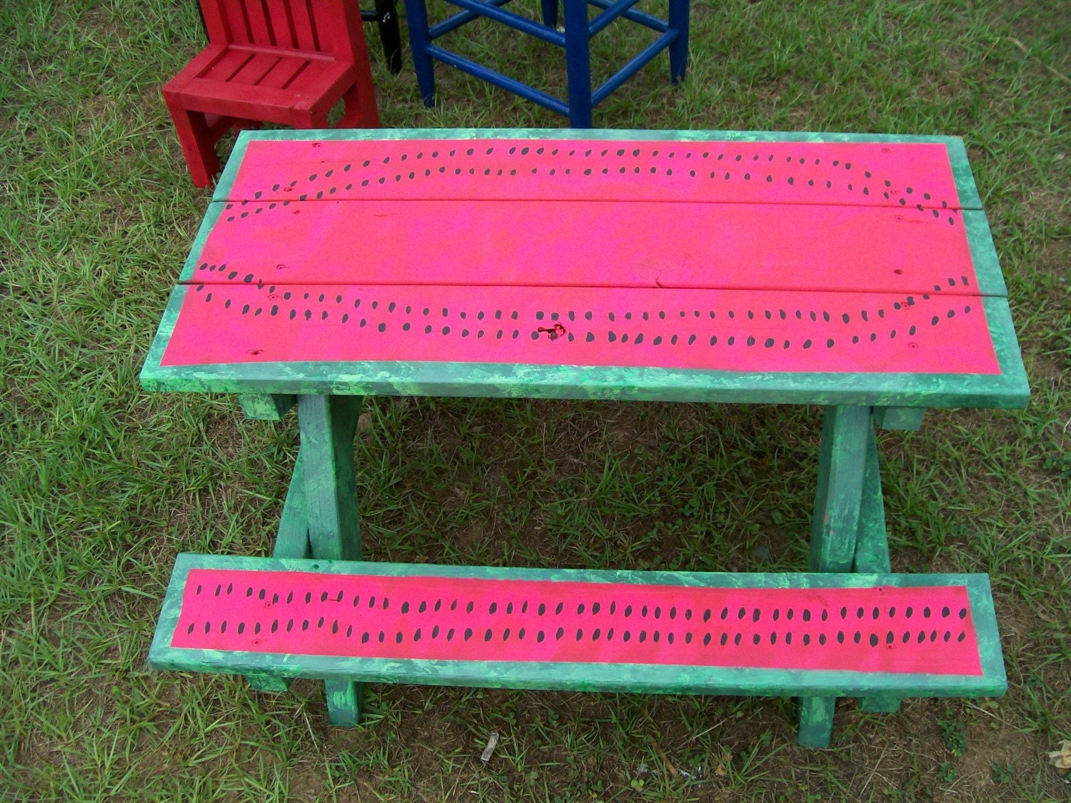 Hand painted childrens picnic table watermelon design