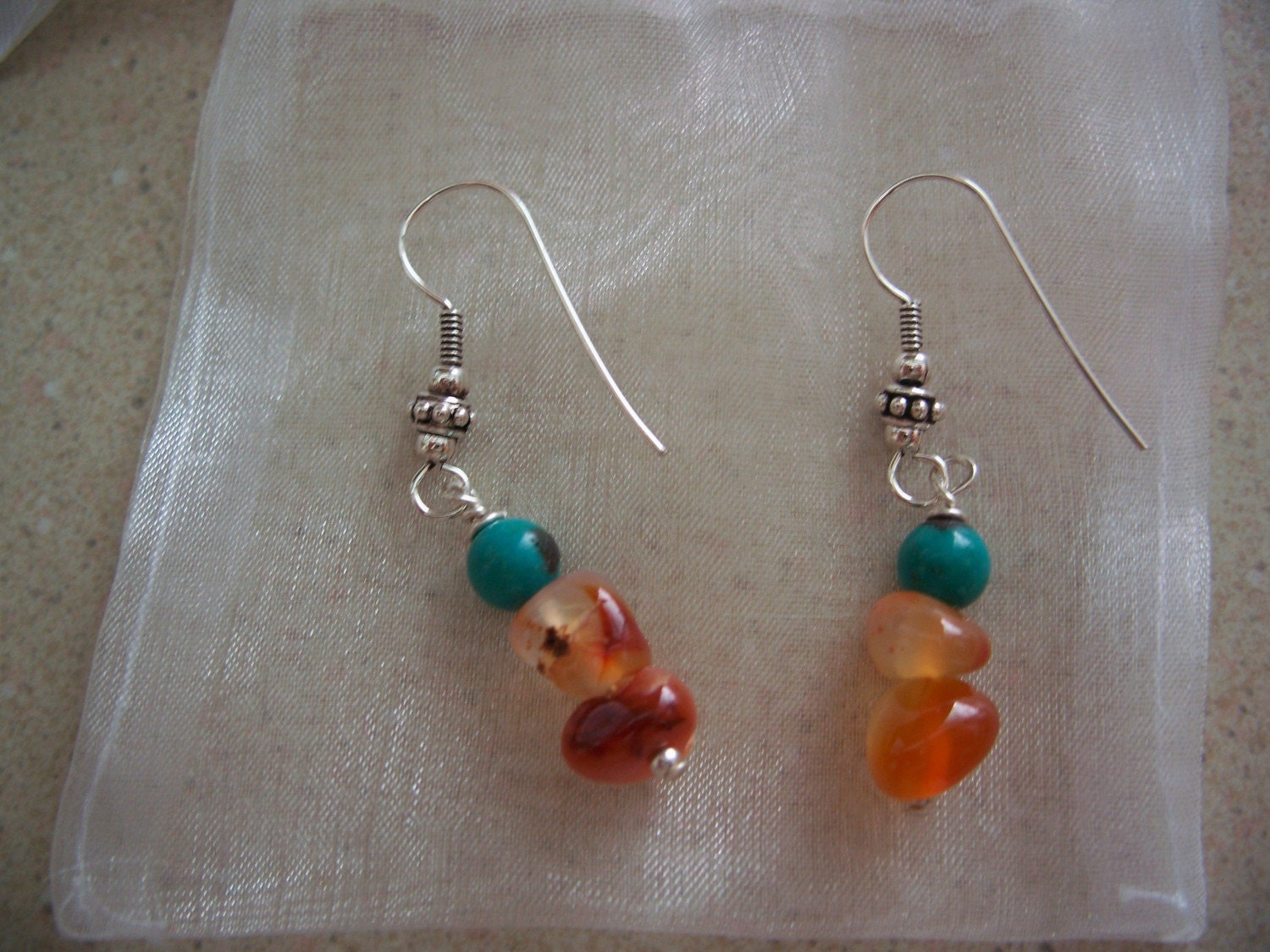 Turquoise and Red Agate Dangle Earrings