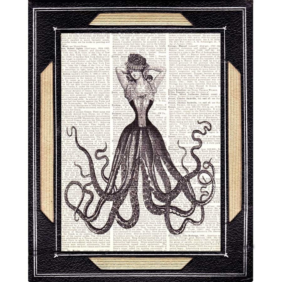 OCTOPUS LADY art print on dictionary book page art print vintage Victorian Steampunk octopus woman black white upcycled 8x10