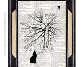 Dictionary print MISSING YOU original Drawing and Collage printed on vintage dictionary page, Lone Wolf, Lone Naked Tree, love letter
