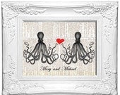 OCTOPUS COUPLE in love dictionary print book page art print on dictionary 8x10 handmade beach wedding anniversary black white red