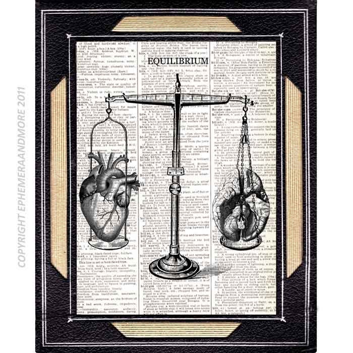 EQUILIBRIUM HEART BRAIN balance art print on upcycled vintage dictionary book page libra medical science human anatomy surreal 8x10