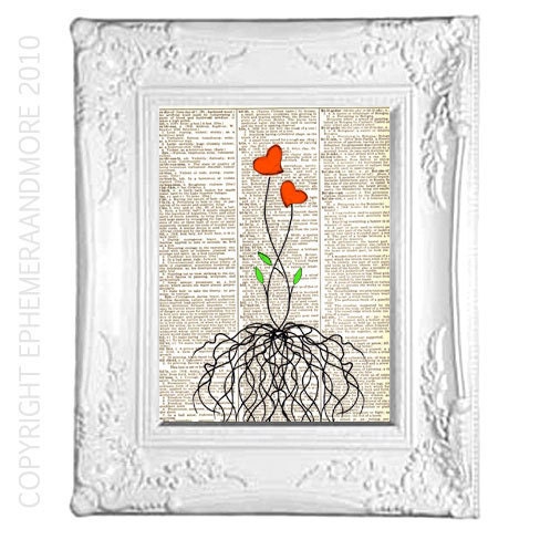 Dictionary print TOGETHER original mixed media art on dictionary book page art print red heart flower roots wedding anniversary gift