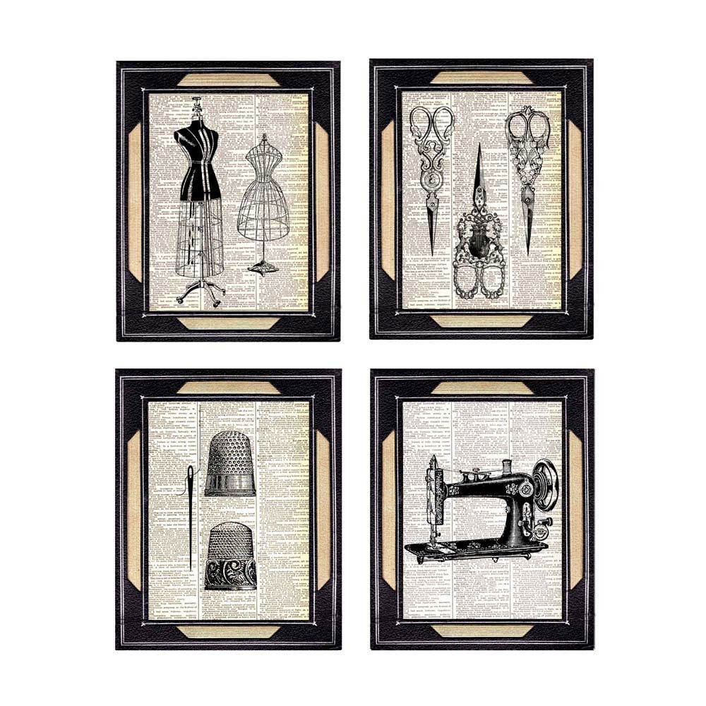 Dictionary print SEWING art prints on vintage book page art print vintage sewing machine scissors dressform thimble needle 5x7