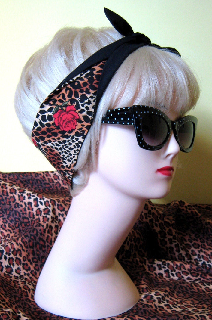 Leopard Print with Roses Rockabilly Hair Tie by Dolly Cool