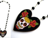 Tattoo style Day of The Dead Heart necklace on a Rosary Bead chain
