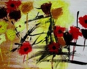 original painting of a field of flowers, poppies, abstract, mixed media on canvas
