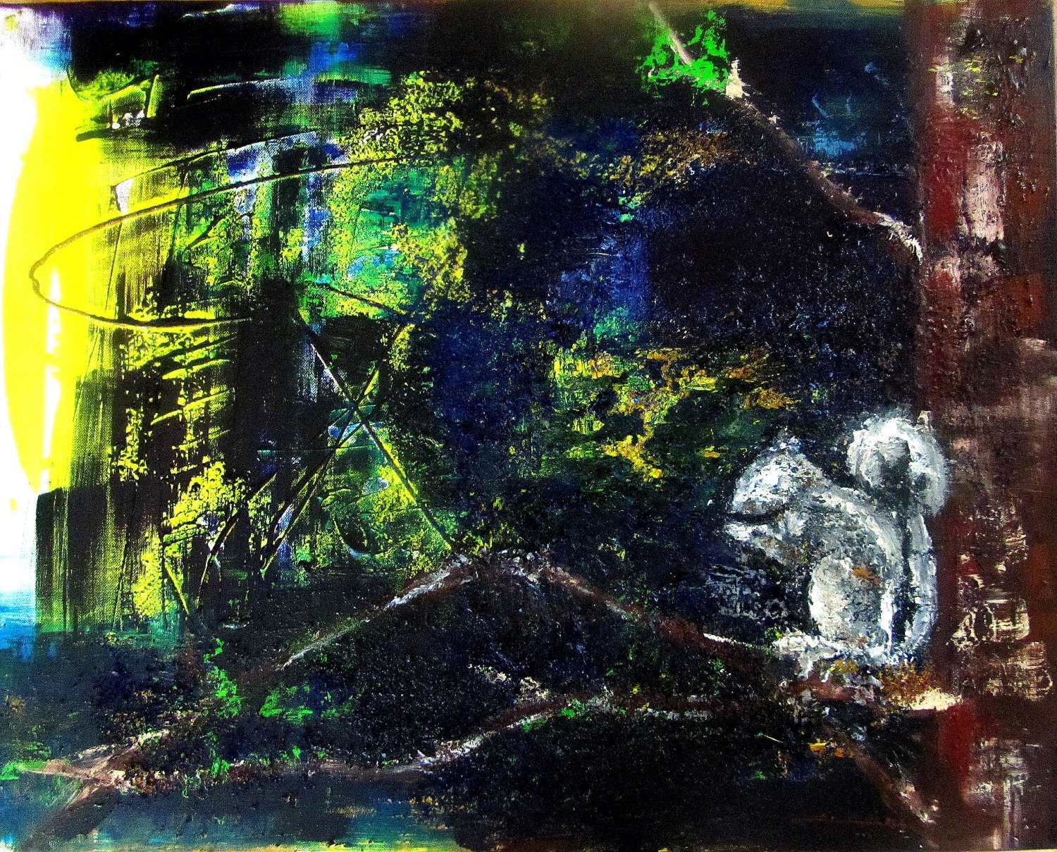 giclee print of a squirrel in a tree, sheltered from the storm, abstract, mixed media