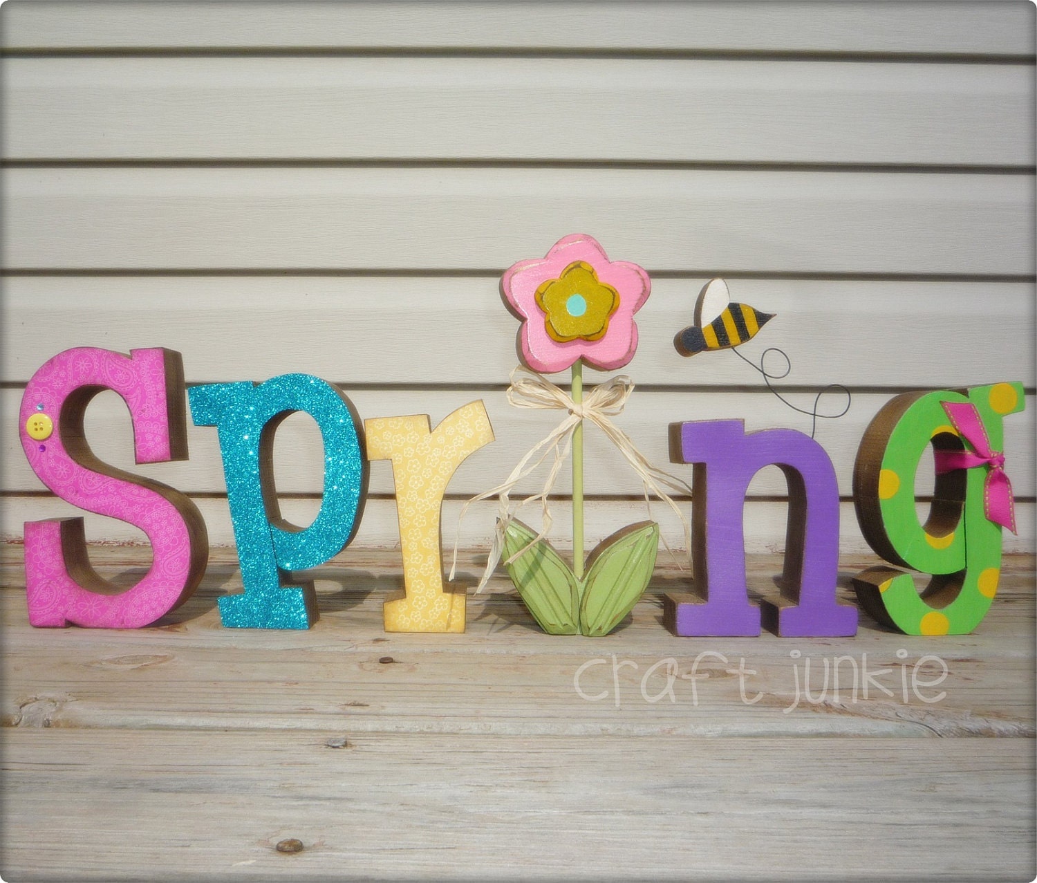 Distressed Spring chunky wood letters with bee and flower