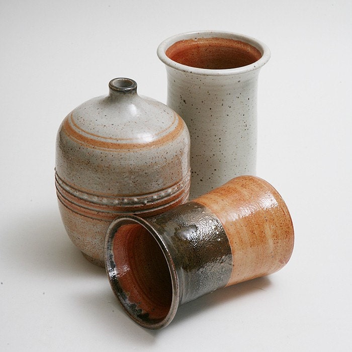 Wheel Thrown Stoneware Earth Collection, 1 bottle and two vases