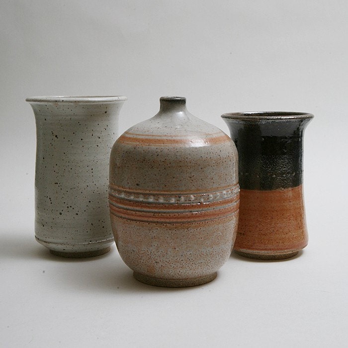 Wheel Thrown Stoneware Earth Collection, 1 bottle and two vases