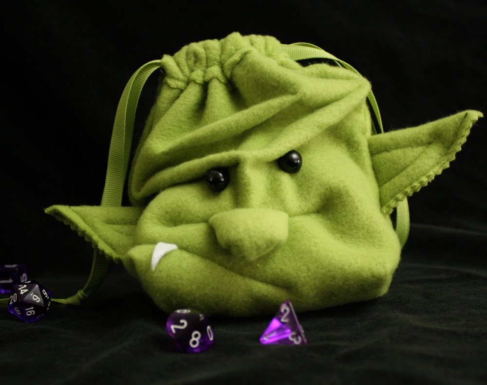 GrimLok the ORC dice bag drawstring pouch/ wristlet purse with a face - Goblin Ogre Monster plush DnD Magic Cards