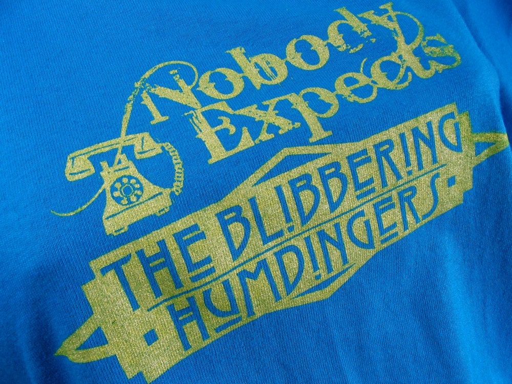 Nobody Expects the Blibbering Humdingers Peacock blue T shirt Wizard Rock band, Humorous music for adult Harry Potter fans