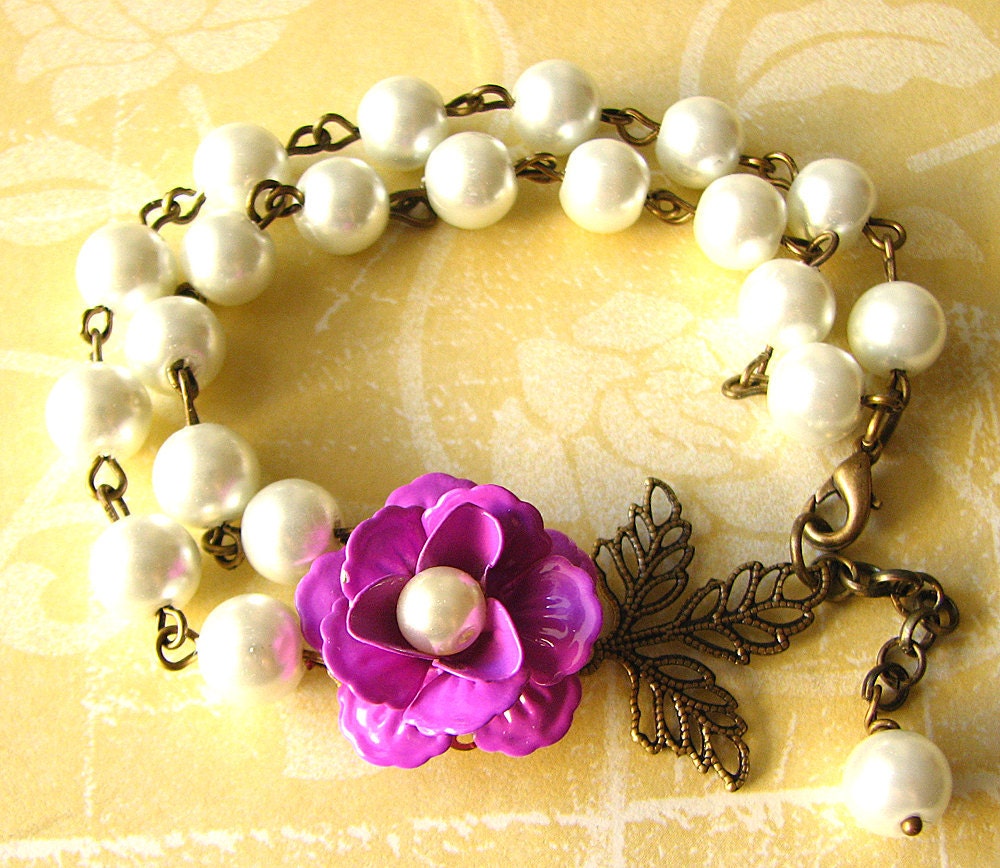 Beaded Bracelet Bridesmaid Jewelry Leaf Bracelet Purple Jewelry Flower Bracelet Bridesmaid Bracelet