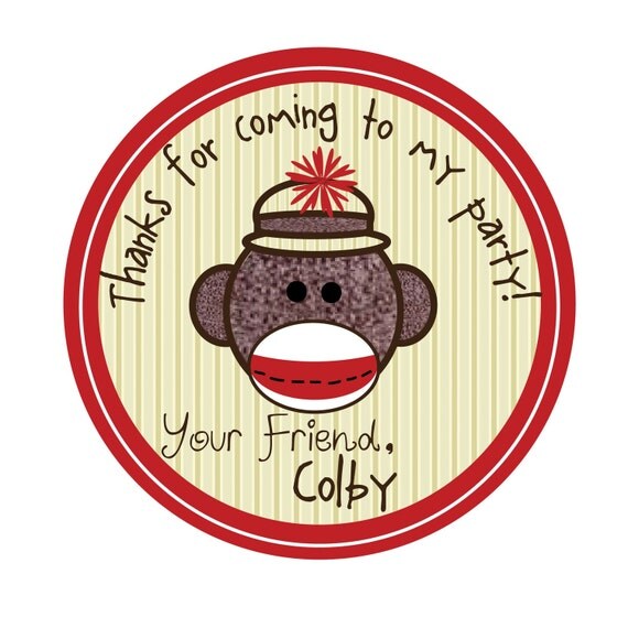 Sock Monkey,Birthday,Personalized Stickers,Birthday,kids,Party,Favor stickers,Personalized Sticker Labels Set of 24 Il_570xn