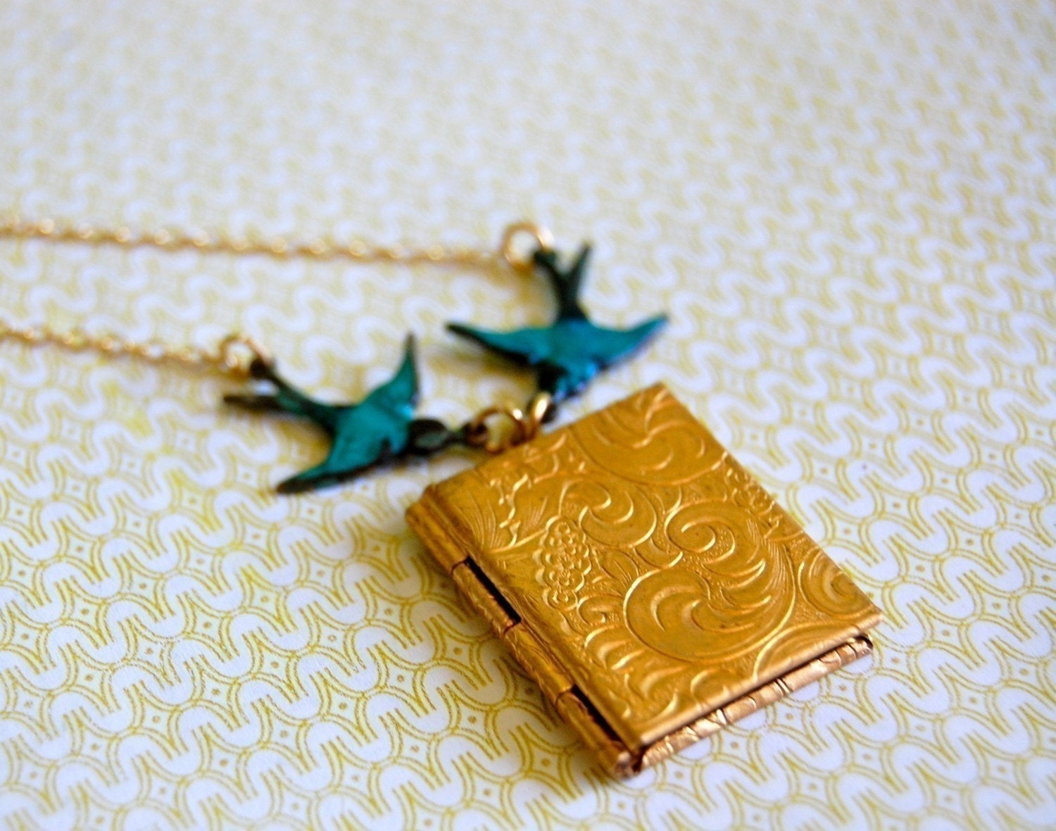 Book Locket with Antiqued Turquoise Brass Birds Necklace