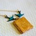Book Locket with Antiqued Turquoise Brass Birds Necklace