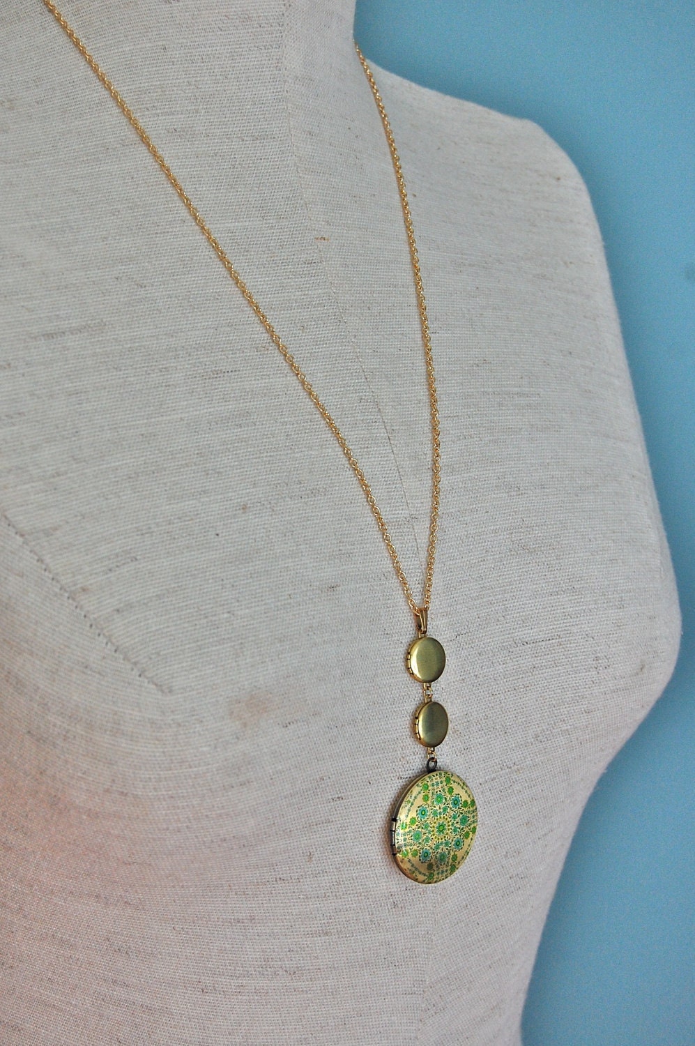 Vintage Inspired Lockets Trio Floral Wallpaper Green/Gold Long Necklace