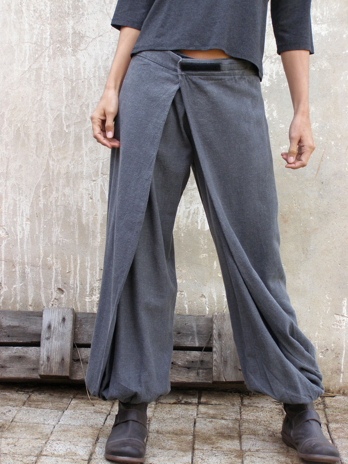 Unique grey linen Womens pants-Origami trousers/ 4 way pants-womens wrap pants-Wide pants-Convertible pants
