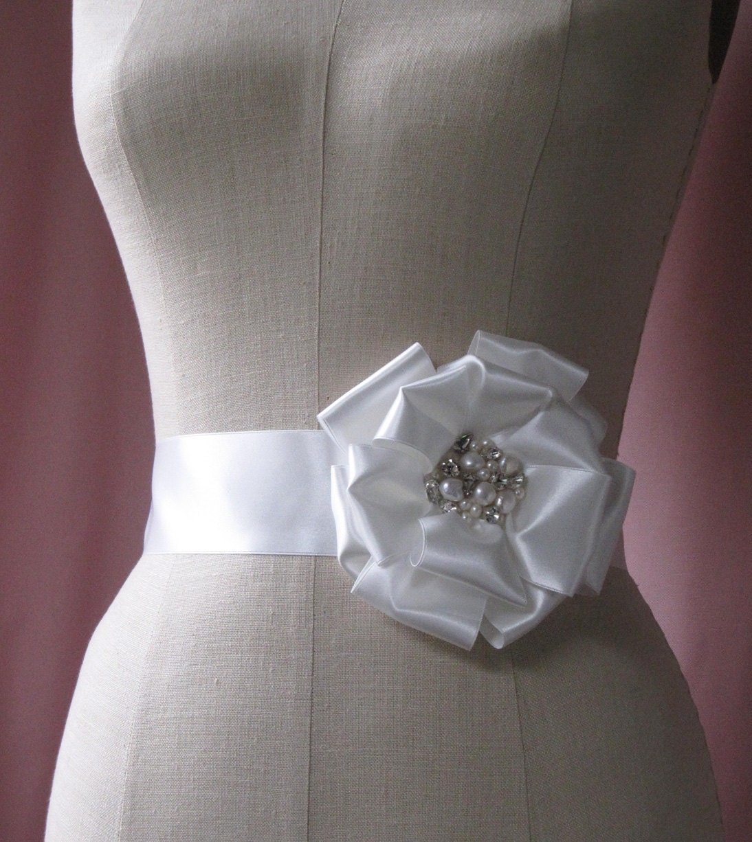 Ivory Satin Ribbon Sash With Crystal And Pearl Rosette
