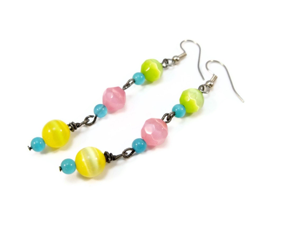 Beaded Earrings, Dangle Earrings, Multi-Colored Earrings,  Cat Eye Earrings,Silver OOAK
