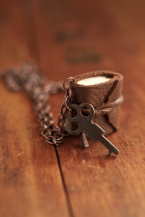 Leather journal necklace with antique trunk key