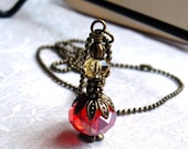 Perfume Jar Bottle, Czech Glass, Red, Gold, Antique Brass with Ball Chain Necklace