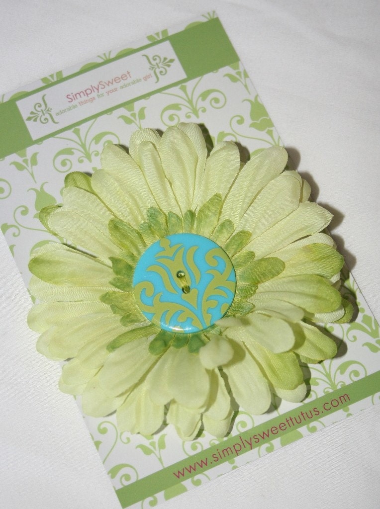 NEW ITEM - Beautiful Green Damask Button Flower Hair Clip - Trendy Barrette - Perfect for Toddlers, Teens, Fall