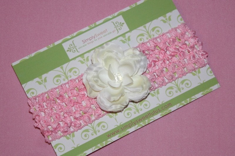 SALE - LIGHT PINK HEADBAND w/ WHITE FLOWER - SHABBY CHIC - Baby/Toddler/Child  - Perfect for Spring, Newborns, Christening, Wedding, Photography Prop