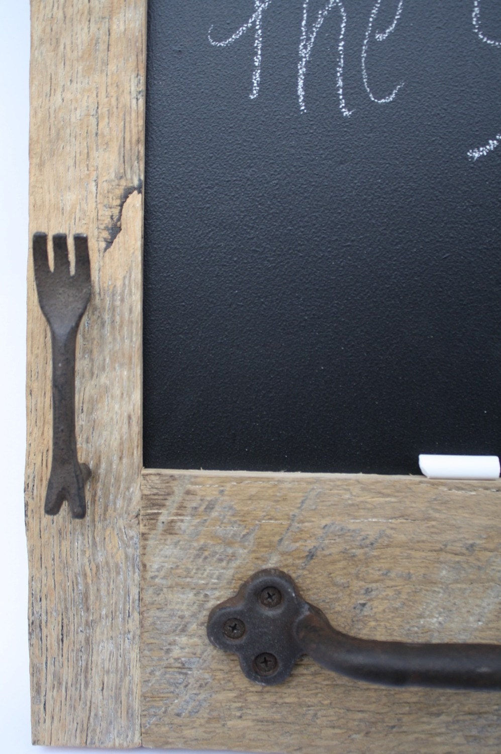 Barn wood Chalkboard with a Towel Bar and Fork and Spoon