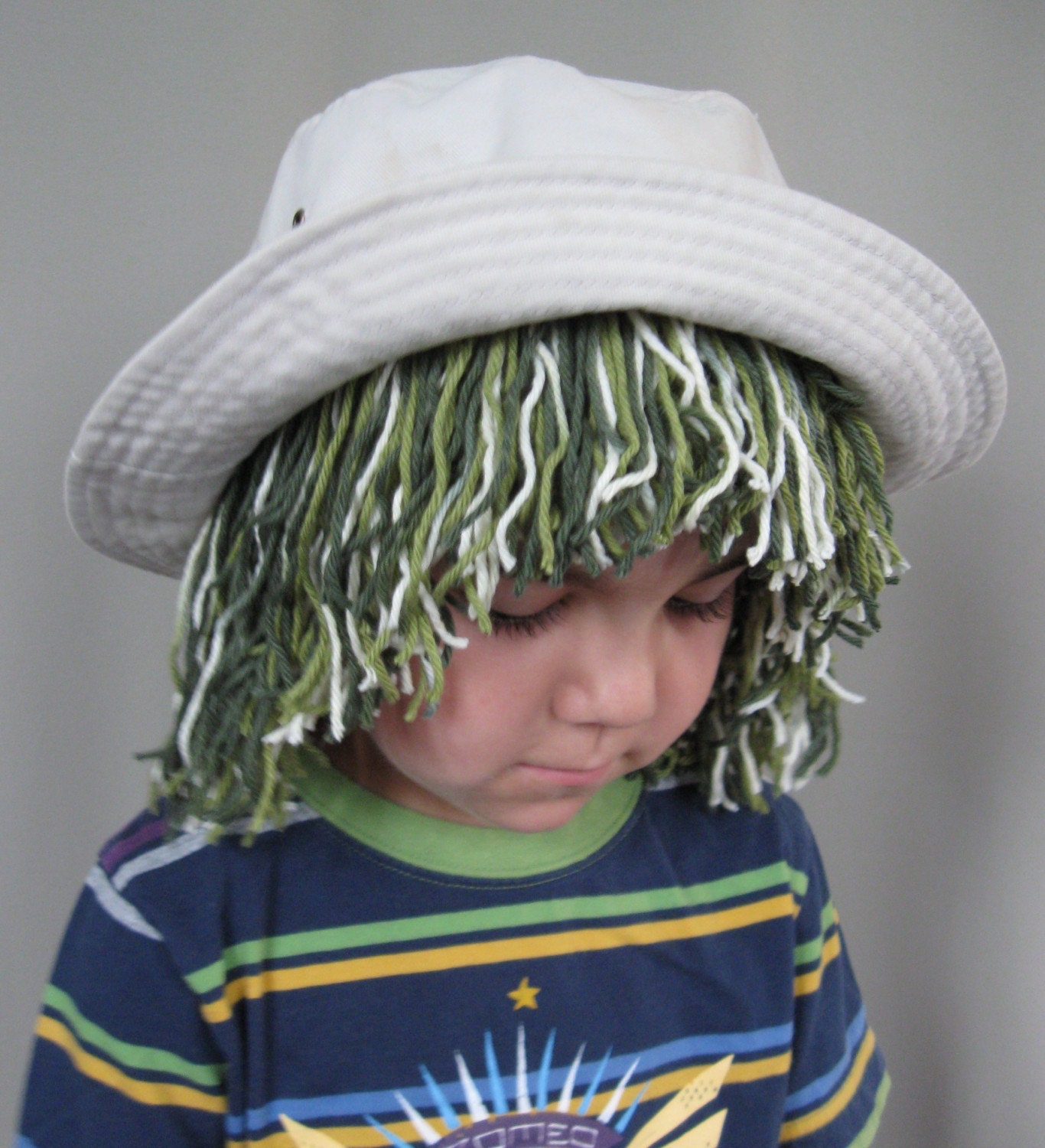 Cotton hat with green yarn hair for kids - Just for fun -  Costume for play pretend, party dress up, halloween or St Patricks day