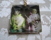 Petite French Clowns Necklace with Vintage Chandelier Crystal (Vintage Assemblage)