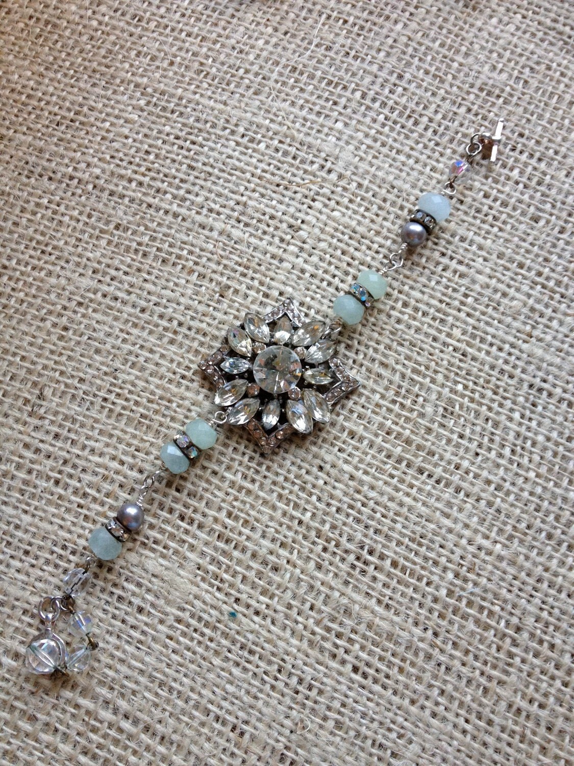 Vintage Assemblage Bracelet - Rhinestone and Beaded Upcycled Bracelet with Vintage Brooch - Vintage Bling