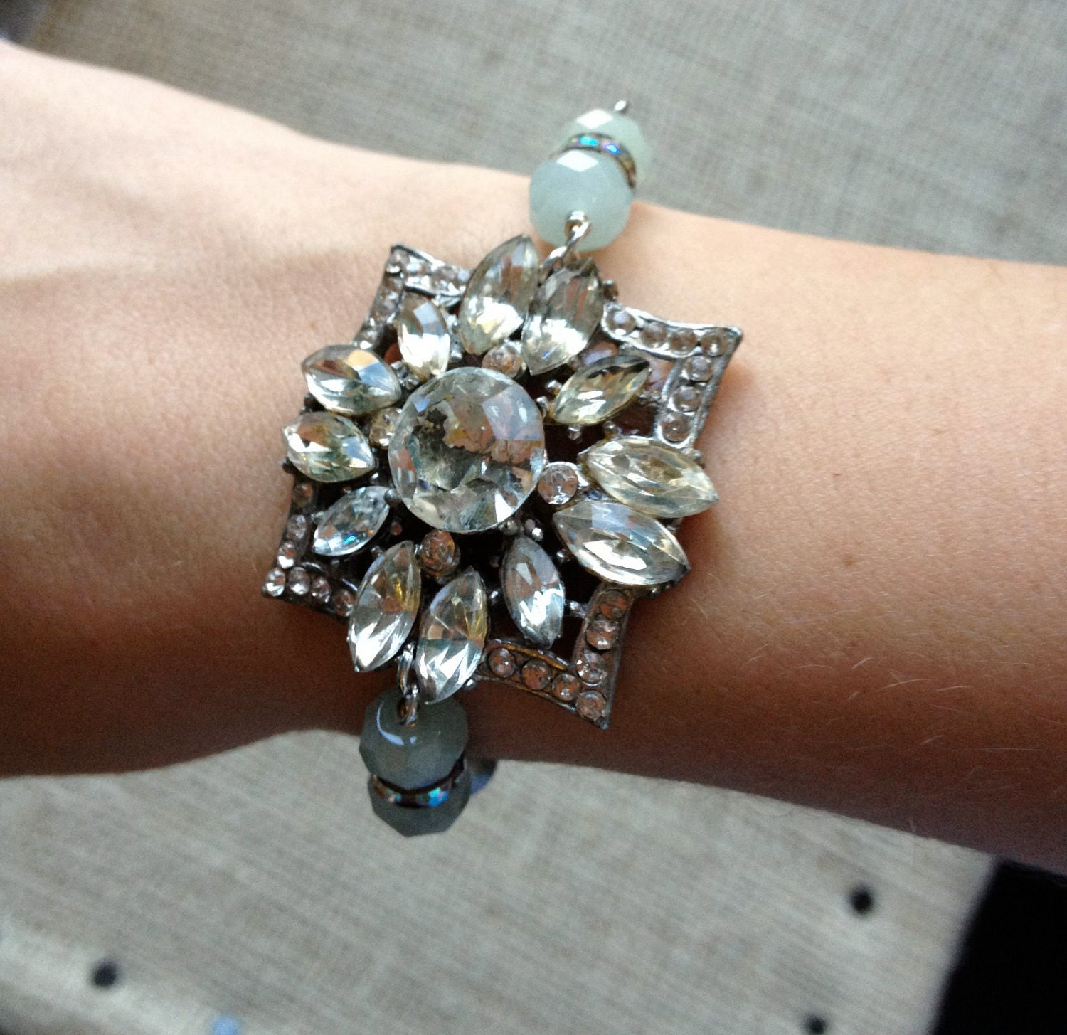 Vintage Assemblage Bracelet - Rhinestone and Beaded Upcycled Bracelet with Vintage Brooch - Vintage Bling
