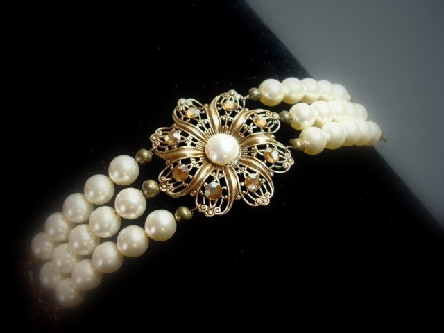 Vintage bridal bracelet, wedding pearl bracelet with Swarovski pearls and golden shadow crystals, antique bracelet, wedding jewelry